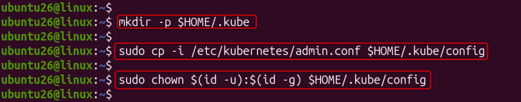 image | Blogs Terminal showing commands to create the kube config directory, copy admin.conf to ~/.kube/config, and set ownership: mkdir -p $HOME/.kube; sudo cp -i /etc/kubernetes/admin.conf $HOME/.kube/config; sudo chown $(id -u):$(id -g) $HOME/.kube/config.