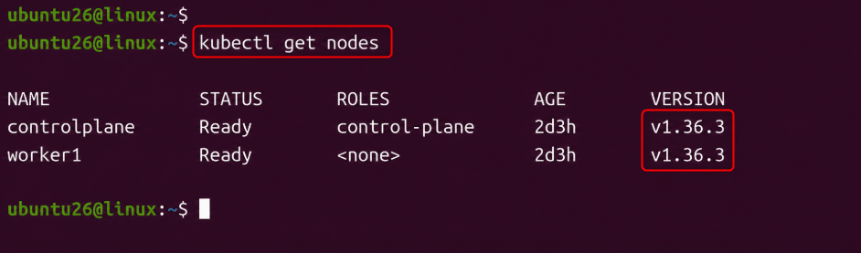 image | Blogs Terminal output: kubectl get nodes showing two nodes (controlplane, worker1) with STATUS Ready and versions v1.36.3 under VERSION column.