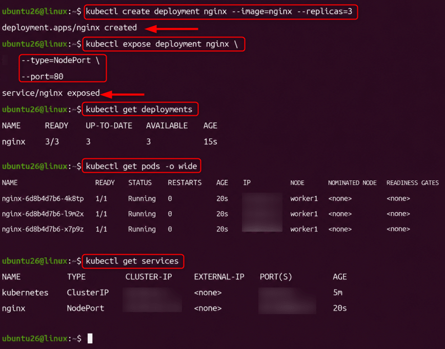 image | Blogs Terminal: create nginx deployment with 3 replicas, expose as NodePort on port 80, then display deployments, pods, and services.