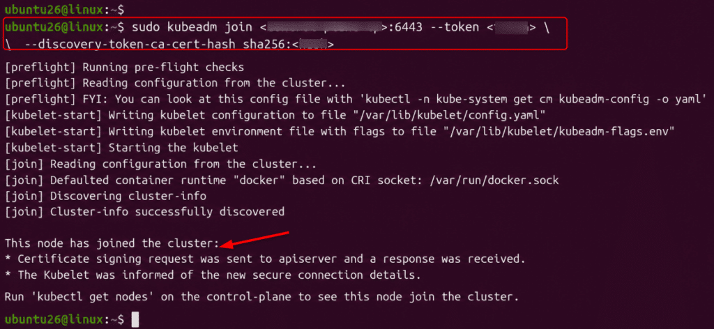 image | Blogs Terminal showing kubeadm join command and message that this node has joined the cluster successfully.