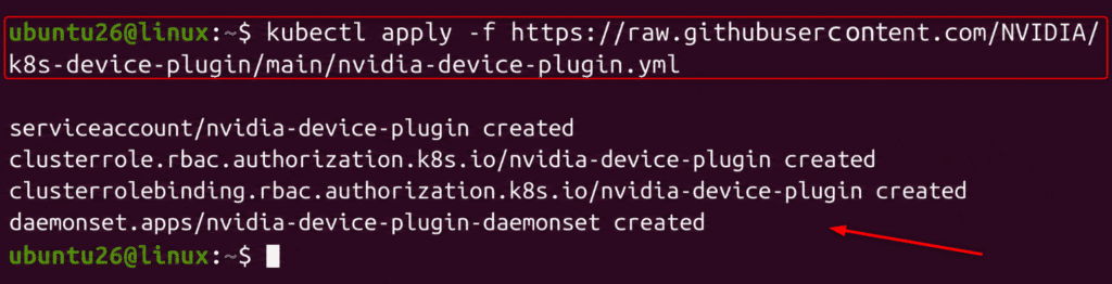 image | Blogs Terminal output showing kubectl apply -f …/nvidia-device-plugin.yaml, creating serviceaccount, clusterrole, clusterrolebinding, and nvidia-device-plugin-daemonset