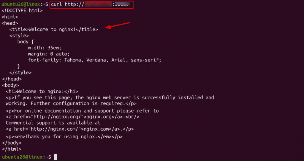 image | Blogs Terminal screenshot showing a curl command to a URL and an nginx welcome HTML snippet, with a prominent redacted URL in the command line.