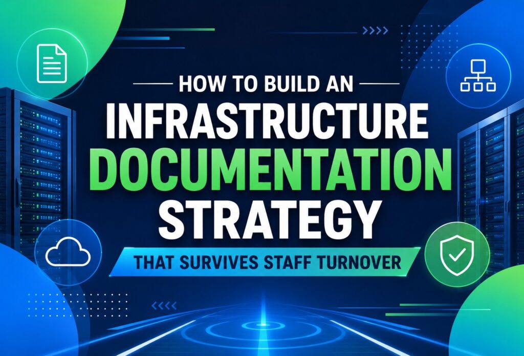 infrastructure-documentation-strategy | Blogs Infographic poster about building an infrastructure documentation strategy that survives staff turnover, featuring server racks and network icons in blue and green hues.