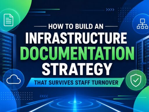 Infographic poster about building an infrastructure documentation strategy that survives staff turnover, featuring server racks and network icons in blue and green hues.