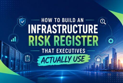 Infographic banner about building an infrastructure risk register that executives will actually use, with skyline and icons in blue and green.
