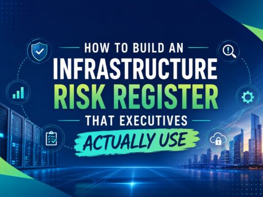 Infographic banner about building an infrastructure risk register that executives will actually use, with skyline and icons in blue and green.