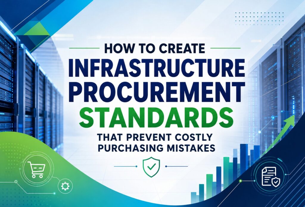 infrastructure_procurement_standards | Blogs Banner: 'HOW TO CREATE INFRASTRUCTURE PROCUREMENT STANDARDS THAT PREVENT COSTLY PURCHASING MISTAKES' with data-center server imagery and green/blue graphics.