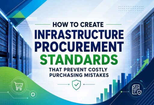 Banner: 'HOW TO CREATE INFRASTRUCTURE PROCUREMENT STANDARDS THAT PREVENT COSTLY PURCHASING MISTAKES' with data-center server imagery and green/blue graphics.