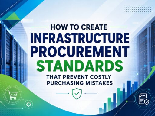 Banner: 'HOW TO CREATE INFRASTRUCTURE PROCUREMENT STANDARDS THAT PREVENT COSTLY PURCHASING MISTAKES' with data-center server imagery and green/blue graphics.