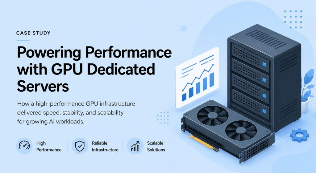 | Blogs Case study hero: GPU server hardware with a rack and cooling fans beside a rising chart on a blue background