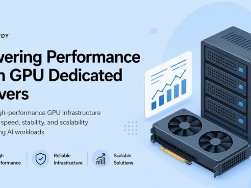 Case study hero: GPU server hardware with a rack and cooling fans beside a rising chart on a blue background