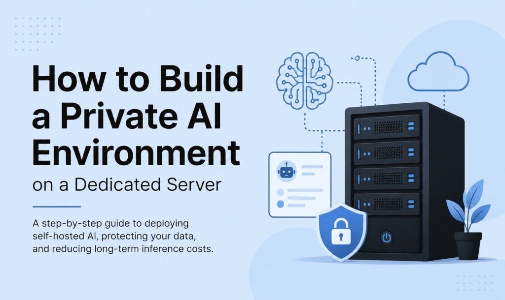 private ai environment | Blogs Illustration for an article about building a private AI environment on a dedicated server: a black server rack with cloud icons, a shield, and a small plant nearby.