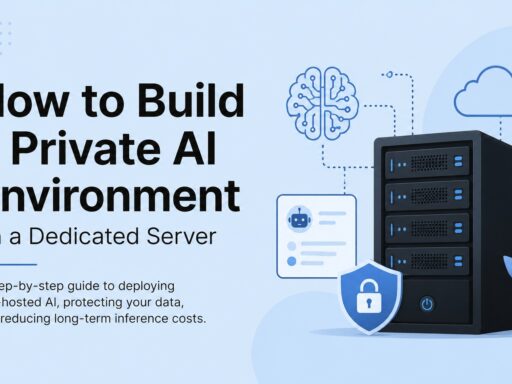 Illustration for an article about building a private AI environment on a dedicated server: a black server rack with cloud icons, a shield, and a small plant nearby.