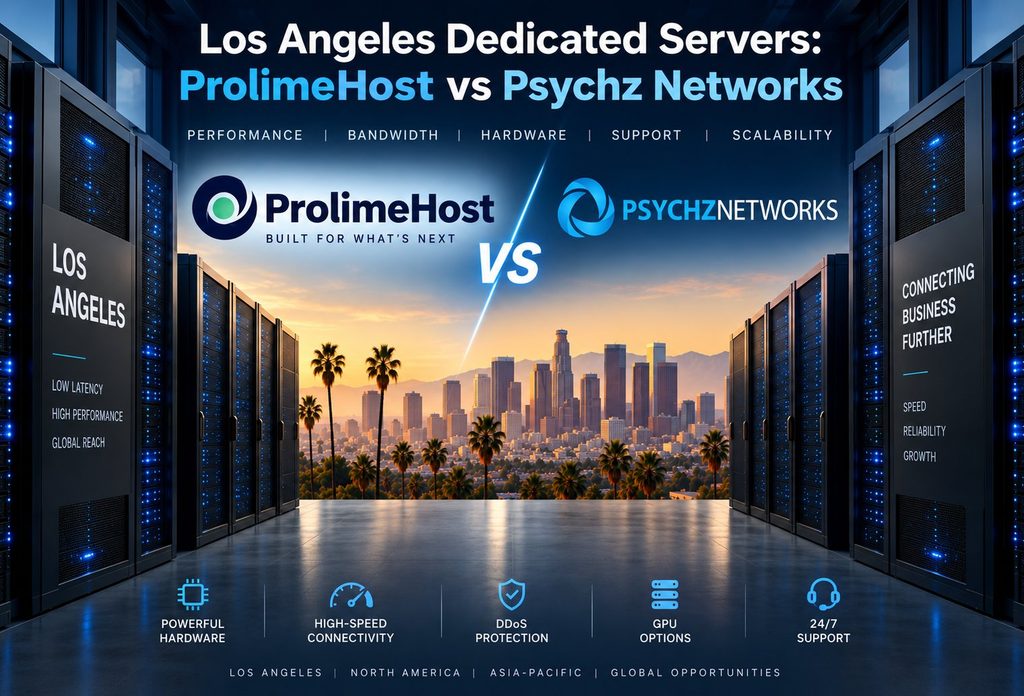 prolimehost-vs-psychz-los-angeles-dedicated-servers | Blogs Server racks frame a promotional banner comparing ProlimeHost and Psychz Networks against a sunset Los Angeles skyline, emphasizing performance and reliability features.