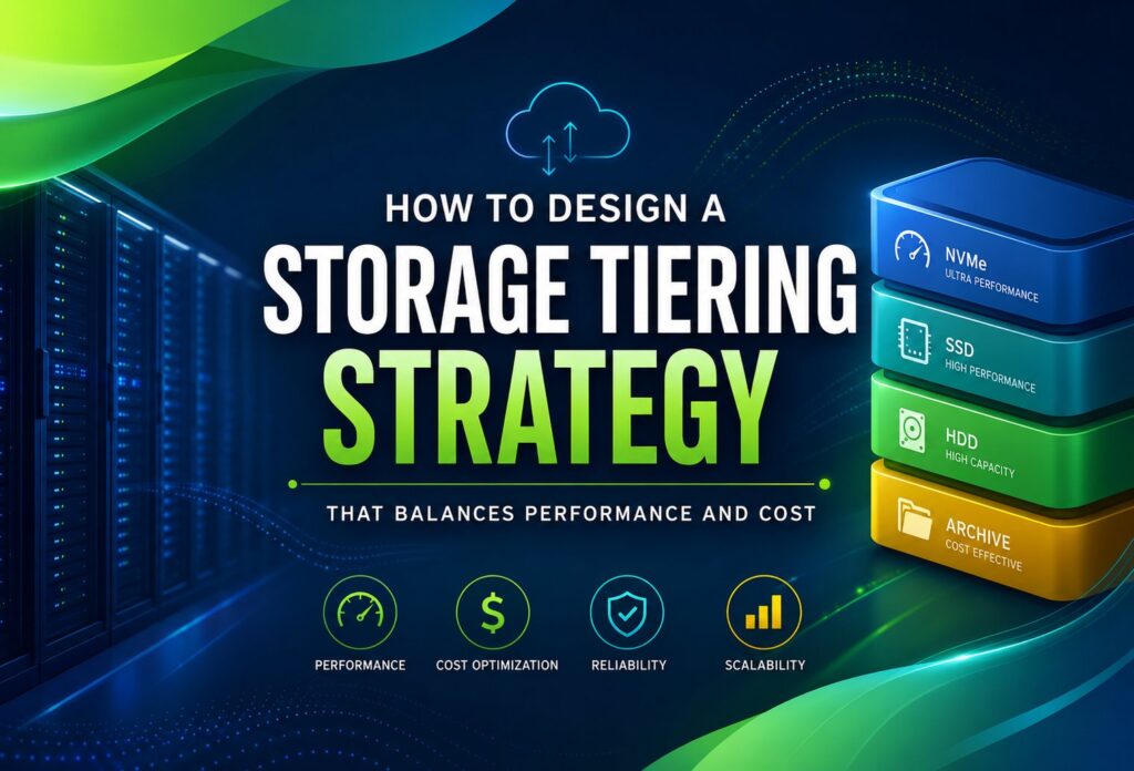 storage-tiering-strategy | Blogs Infographic about storage tiering strategy: right-side stacked colored blocks labeled NVMe, SSD, HDD, Archive; center text reads 'How to Design a Storage Tiering Strategy.'