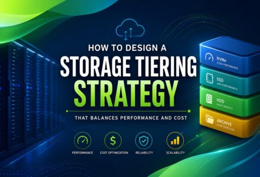 Infographic about storage tiering strategy: right-side stacked colored blocks labeled NVMe, SSD, HDD, Archive; center text reads 'How to Design a Storage Tiering Strategy.'