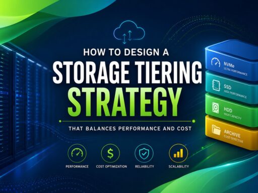 Infographic about storage tiering strategy: right-side stacked colored blocks labeled NVMe, SSD, HDD, Archive; center text reads 'How to Design a Storage Tiering Strategy.'