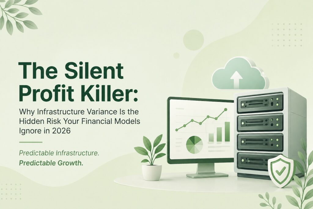 the silent profit killer | Blogs Green-toned banner showing a monitor with charts, a server rack, cloud icon, and plant, for an article titled 'The Silent Profit Killer'.